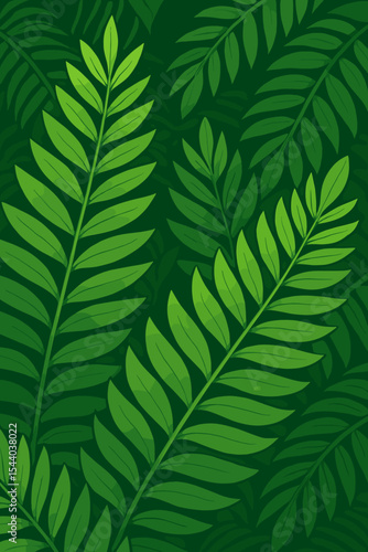 Green tropical fern leaf background. Dense jungle foliage pattern. Vector cartoon illustration. Exotic botanical wallpaper. Rainforest plant fronds. Natural forest greenery texture.
