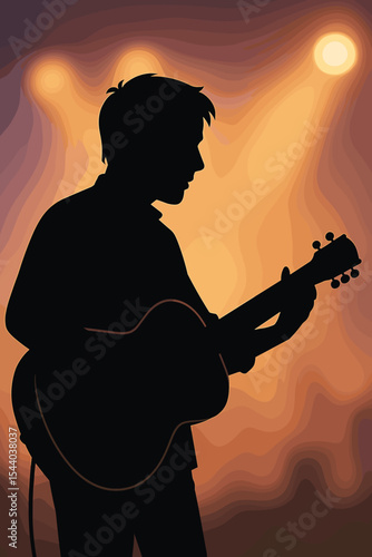 Man playing acoustic guitar silhouette. Musician performing on stage at a concert or festival. Live music event concept. Singer songwriter solo act with bokeh lights background. Vector.