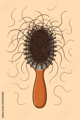 Hair loss problem conceptual vector illustration. Hairbrush filled with fallen hair strands. Alopecia, shedding, thinning hair and baldness concern. Health and beauty cartoon design.