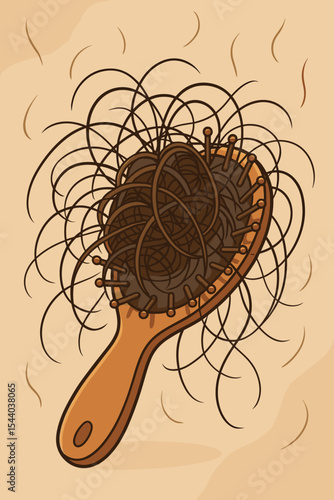 Hair loss problem visualized with a hairbrush filled with fallen hair. Alopecia, shedding, and thinning hair concept. Trichology and dermatology medical issue. Vector cartoon illustration.