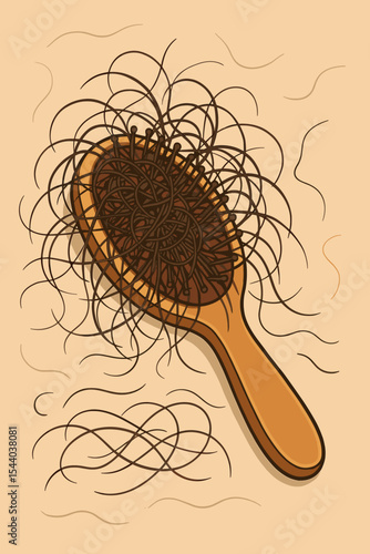 Hair loss problem concept with a wooden hairbrush full of fallen hair strands. Alopecia, hair fall, shedding, and thinning symptom. Trichology and dermatology medical concern. Vector.