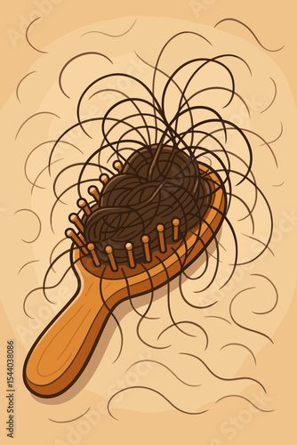 Hair loss problem visualized with a hairbrush full of fallen hair. Concept of hairfall, alopecia, shedding, and thinning hair. Trichology and dermatology health concern. Vector art.