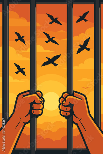 Concept of freedom and hope. Prisoner's hands gripping jail bars, watching birds fly free in sunset sky. Metaphor for liberty, escape, and breaking free from confinement. Vector.