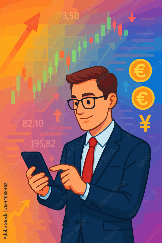 Investor analyzing financial data on phone. Stock market trading concept with candlestick chart graph. Forex currency exchange with Euro Yen. Business investment success vector cartoon. Investor analyzing financial data on phone. Stock market trading concept with candlestick chart graph. Forex currency exchange with Euro Yen. Business investment success vector cartoon.