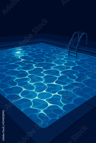 Illuminated swimming pool at night with glowing blue water. Vector illustration of mesmerizing light reflections and caustic patterns. Calm, dark, summer night background scene.