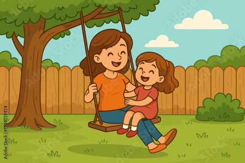 Mother and daughter quality time on tree swing in backyard, cartoon vector. Family bonding, outdoor play, parent and child relationship, garden fence, summer nature. Happy childhood scene.