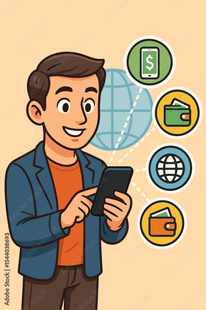 Man using smartphone for global mobile payment and online banking. Concept of international money transfer, digital wallet, and fintech. E-commerce transaction vector illustration. Man using smartphone for global mobile payment and online banking. Concept of international money transfer, digital wallet, and fintech. E-commerce transaction vector illustration.