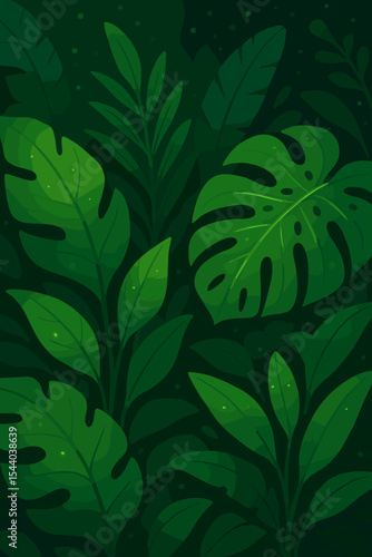 Lush tropical green leaves background with monstera and palm foliage. Exotic jungle or rainforest plants with water dew droplets on a dark backdrop. Vector cartoon illustration.