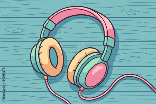 Retro pastel headphones cartoon vector, vintage audio device with cable on blue wooden background, nostalgic colorful music illustration, trendy pop art style, listening entertainment concept