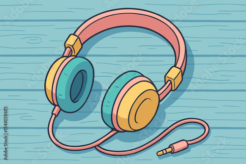 Vintage pastel headphones cartoon. Retro audio equipment with cable on blue wooden background. Nostalgic music device. Colorful earphones vector illustration. Pop art style drawing.