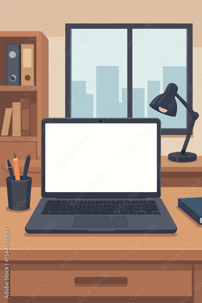 Fototapeta premium Modern laptop with blank screen on wooden office desk in contemporary workspace. Vector illustration of home office interior, desk lamp, window, bookshelf, cityscape. Cozy work environment
