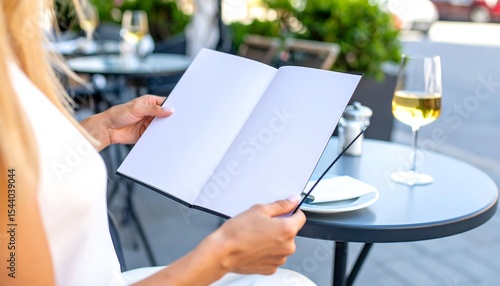 Woman reading menu with outdoor cafe.