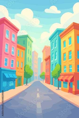 Vibrant pastel urban cityscape with colorful cartoon buildings, empty street, blurred background, trees, shopfronts, sunny sky, whimsical downtown neighborhood, vector illustration concept