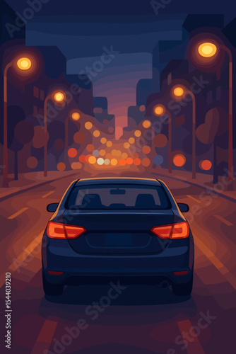 Night city street drive concept. Rear view of modern car driving in illuminated urban road, glowing street lights, bokeh effect, downtown travel, transportation at dusk, vector illustration