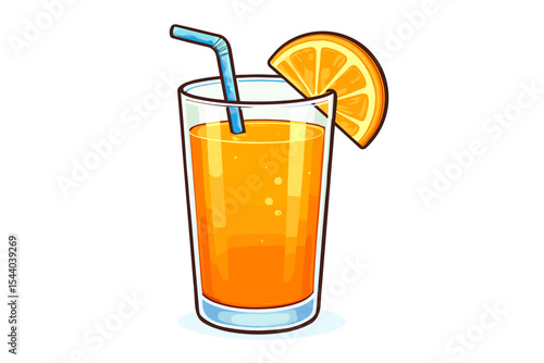Fresh orange juice glass with straw and orange slice, cartoon vector illustration. Citrus beverage, refreshing summer drink, healthy vitamin C breakfast juice isolated on white background
