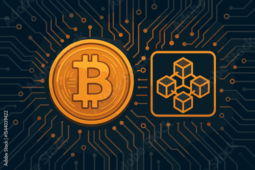 Bitcoin blockchain cryptocurrency golden coin icon and decentralized distributed ledger technology symbol on digital circuit board microchip background. Global finance internet commerce.