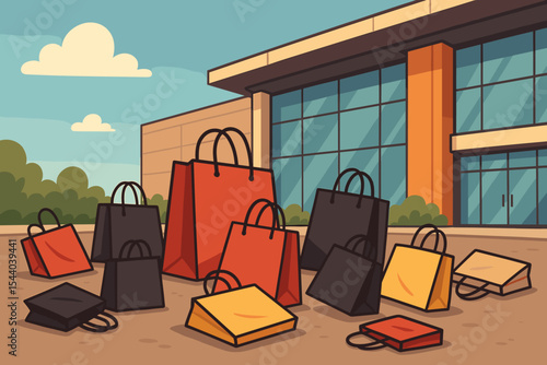 Black Friday shopping frenzy: vibrant bags scattered on ground outside a modern shopping mall, symbolizing consumerism, discount deals, retail spree, and seasonal sales. Vector cartoon art.