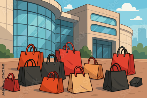 Black Friday shopping bags scattered outside modern mall. Abundance of colorful retail purchases symbolizing consumerism, retail frenzy, big sales, discounts, and holiday shopping season illustration.