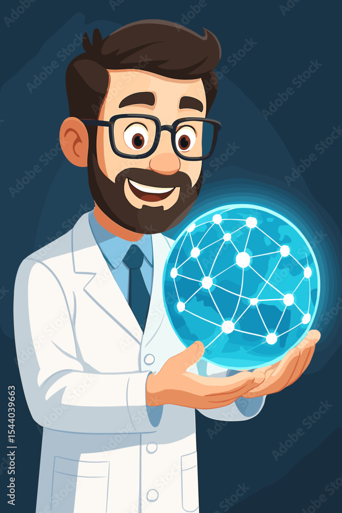 Scientist in lab coat holding glowing digital globe, interconnected network nodes, global communication, innovation, technology research, cartoon vector illustration, futuristic science concept Scientist in lab coat holding glowing digital globe, interconnected network nodes, global communication, innovation, technology research, cartoon vector illustration, futuristic science concept
