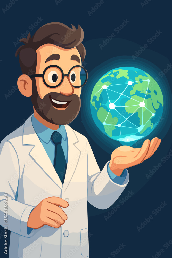 Scientist in lab coat holding glowing digital globe with global network connections, technology communication concept, innovation, STEM research, vector cartoon illustration, science background Scientist in lab coat holding glowing digital globe with global network connections, technology communication concept, innovation, STEM research, vector cartoon illustration, science background