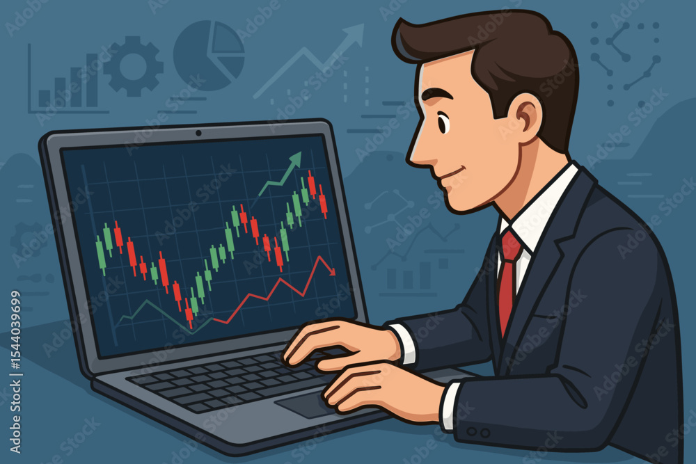 Businessman analyzing stock market graph on laptop. Trader monitoring financial data, candlestick chart. Forex or crypto investment concept. Business growth vector illustration. Businessman analyzing stock market graph on laptop. Trader monitoring financial data, candlestick chart. Forex or crypto investment concept. Business growth vector illustration.