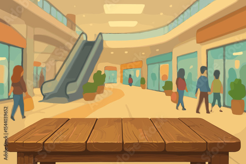 Empty rustic wooden table top on blurred cartoon shopping mall background. Vector illustration template for product display, retail promotions, e-commerce, and commercial advertisement mockups.