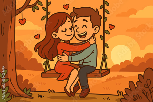 Romantic couple embracing on swing at sunset, love story, happy relationship, affectionate cartoon characters, heart shapes, peaceful outdoor park date, joyful togetherness vector illustration