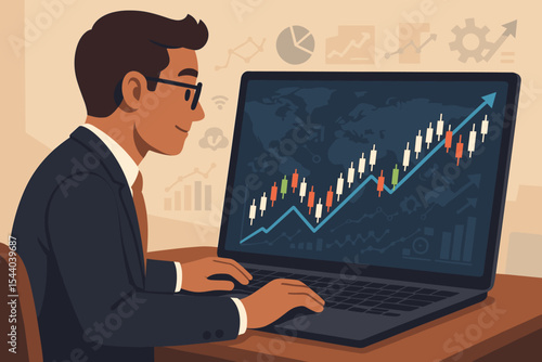 Businessman investor analyzing stock market candlestick chart on laptop. Financial trader monitoring data for profit. Forex, crypto trading, economy and business growth concept vector.
