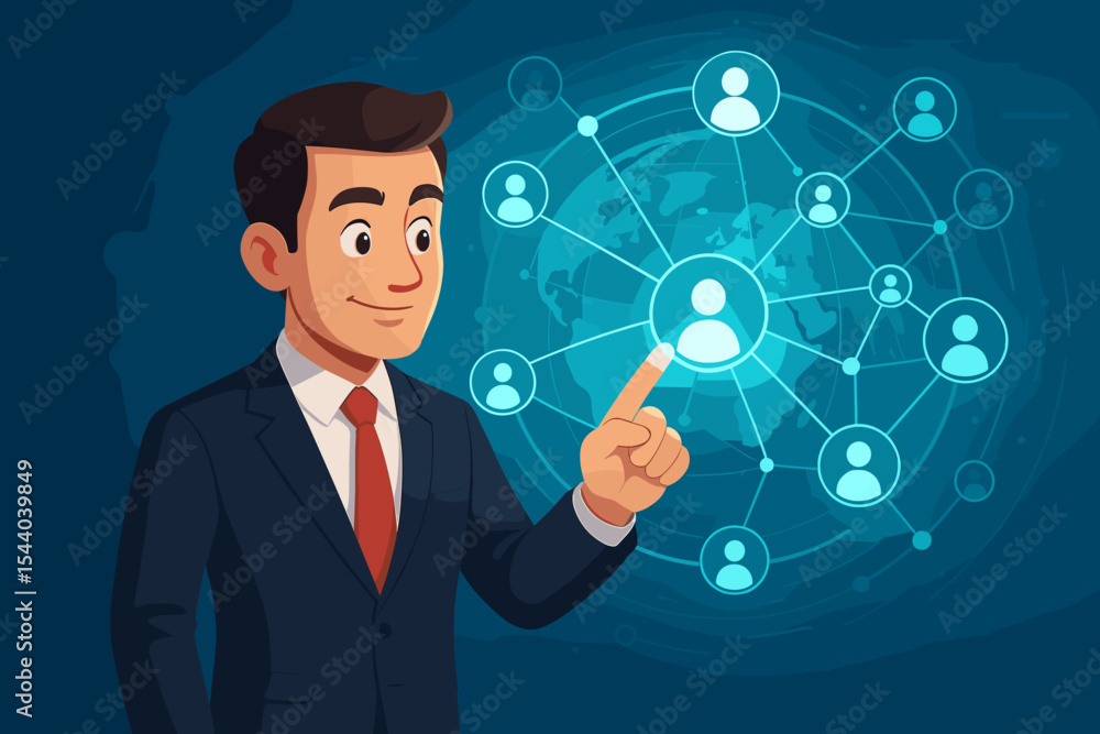 Businessman managing global customer network on a futuristic virtual interface. Concept for CRM, HR, and social media. Team management, business connection and innovative technology. Businessman managing global customer network on a futuristic virtual interface. Concept for CRM, HR, and social media. Team management, business connection and innovative technology.
