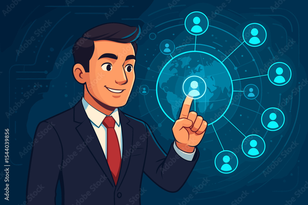 Businessman managing global customer network on a futuristic virtual interface. Concept for innovative technology, CRM, social media connections, and globalization. Vector cartoon illustration. Businessman managing global customer network on a futuristic virtual interface. Concept for innovative technology, CRM, social media connections, and globalization. Vector cartoon illustration.
