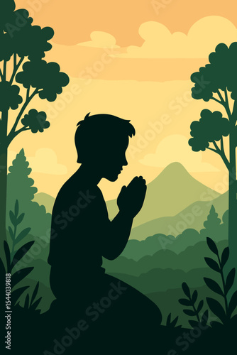 Silhouette of boy kneeling in prayer hands clasped peaceful meditation nature outdoors spiritual faith forest mountains sunset vector illustration calm mindfulness landscape background