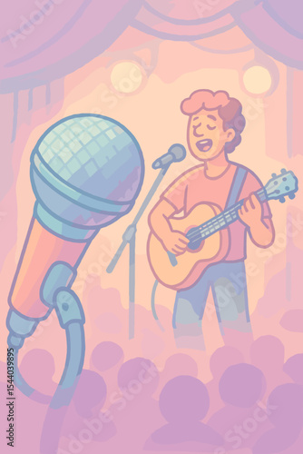 Soft pastel vector illustration of live music performance. Cartoon acoustic guitarist singing on stage with microphone, spotlight, and audience. Concert event, entertainment, singer-songwriter concept