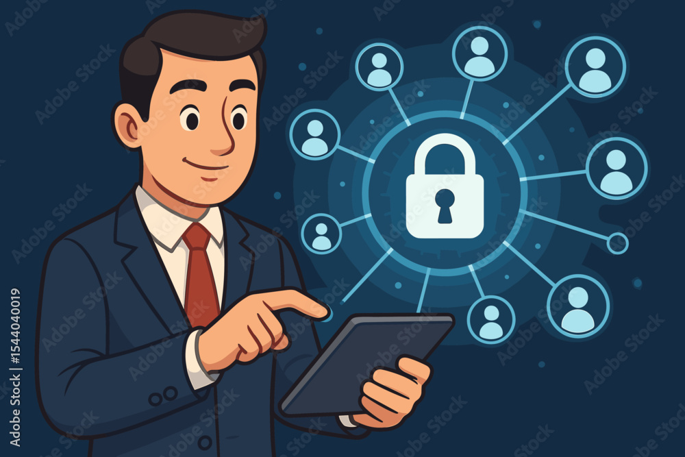 Businessman manages customer data security using a tablet. Concept for cyber security, network protection, and information privacy with a padlock icon on a virtual interface. Vector. Businessman manages customer data security using a tablet. Concept for cyber security, network protection, and information privacy with a padlock icon on a virtual interface. Vector.