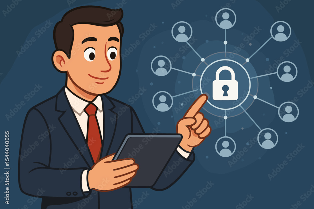 Businessman secures customer data network with digital lock icon on virtual screen. Cyber security and privacy protection concept. Man with tablet managing user information. Vector. Businessman secures customer data network with digital lock icon on virtual screen. Cyber security and privacy protection concept. Man with tablet managing user information. Vector.
