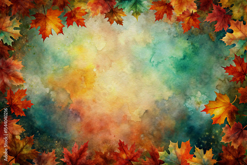 A soft watercolor background with scattered red, orange, and yellow maple leaves around the edges, creating a warm, seasonal frame ideal for fall-themed creative designs.