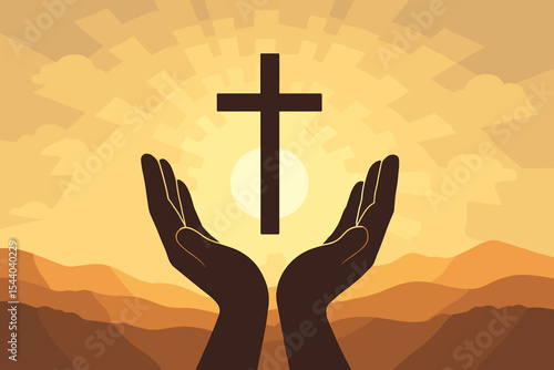Uplifted hands holding Christian cross silhouette with radiant sunbeams and glowing sunrise over serene landscape. Faith, hope, worship, spirituality, religious symbol. Peaceful vector illustration