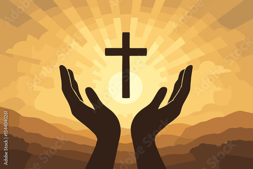 Silhouette of Hands Raised in Worship Holding Cross, Radiant Sunbeams, Christian Faith Hope Spirituality, Religion Nature Landscape Background, Vector Illustration for Inspirational Concepts