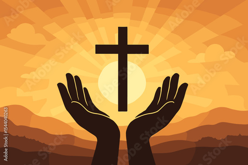 Spiritual sunrise landscape with open hands holding Christian cross, radiant sunbeams, faith, hope, prayer, silhouette vector art, worship, religious inspiration, serene morning scene
