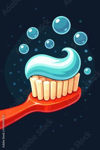 Cartoon toothbrush with toothpaste and sparkling bubbles on dark background. Oral hygiene, dental care, fresh breath concept. Clean teeth morning routine. Vector illustration for kids, health ads
