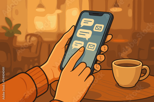 Hands holding a smartphone in a cozy cafe, checking email and chat messages. Person using a mobile phone app for online communication. Social media technology concept vector.