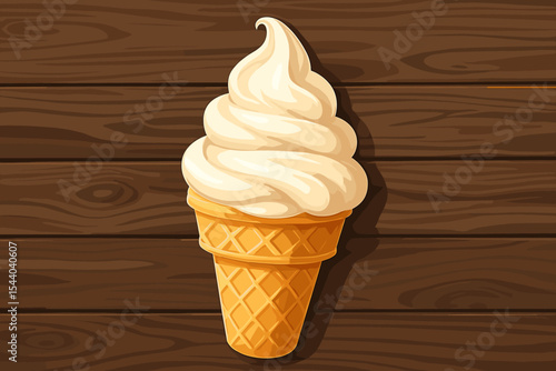 Delicious creamy vanilla soft serve ice cream cone on rustic wooden background, sweet dessert vector illustration, swirled waffle cone summer treat, cartoon dairy snack, no text design