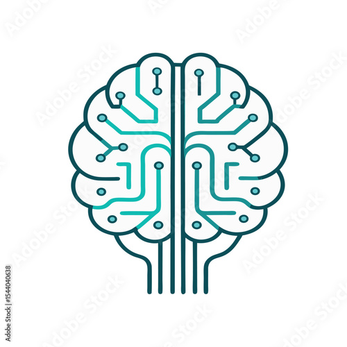 Minimal vector icon of a human brain with a circuit board pattern. Perfect for AI, neuroscience, technology, digital intelligence, machine learning, and futuristic tech designs.