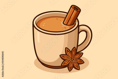 Masala chai latte with cinnamon stick and star anise. Spiced hot chocolate beverage in mug. Aromatic Indian tea drink vector cartoon. Cozy warm drink, winter spice, cafe menu illustration.