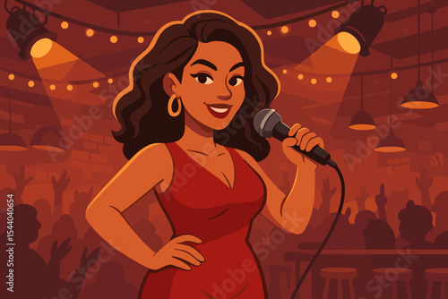 Confident Female Singer Performing Live on Stage in a Lively Music Venue. Cartoon Vector Illustration of a Happy Woman with Microphone, Spotlight, and Cheering Audience in a Vibrant Bar Club Concert.