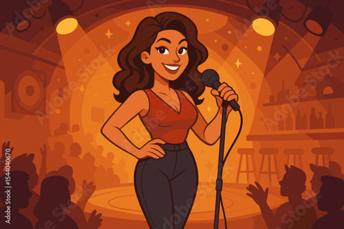 Female singer or comedian on stage with a microphone in the spotlight. Live stand-up comedy show or music concert concept. Vector illustration of a performer in a club with an audience.