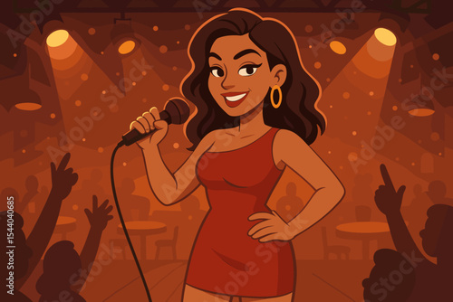 Confident female singer performing on stage with a microphone at a music concert. Woman entertainer at a stand-up comedy show or karaoke night. Live performance vector illustration.