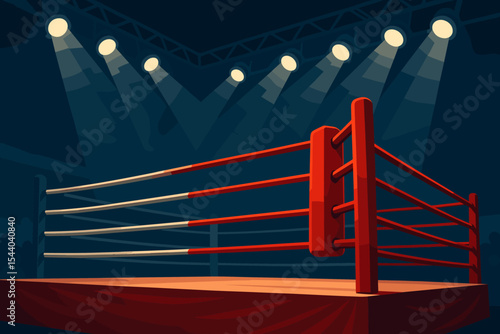 Vibrant Boxing Arena with Intense Floodlights and a Prominent Red Corner. Empty Professional Fight Ring Stage. Dynamic Cartoon Vector Illustration for Sport Events, Championship, or Training.
