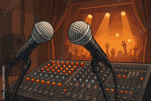 Professional dynamic microphones and audio mixing console on soundboard in concert backstage setting, vector cartoon illustration of live music production and event sound engineering