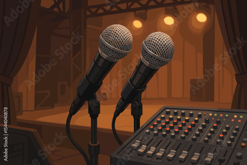 Dual Microphones and Audio Mixer on Stage. Live Concert Setup, Soundboard for Music Production, Broadcast Studio Equipment. Professional Audio Engineering. Vector Cartoon Illustration.