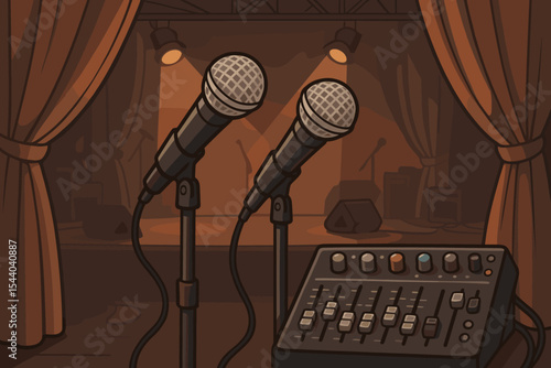 Backstage view with two microphones and sound mixing console on a stage before a performance. Vector cartoon concept for live concert, stand-up comedy, podcast, or debate show.